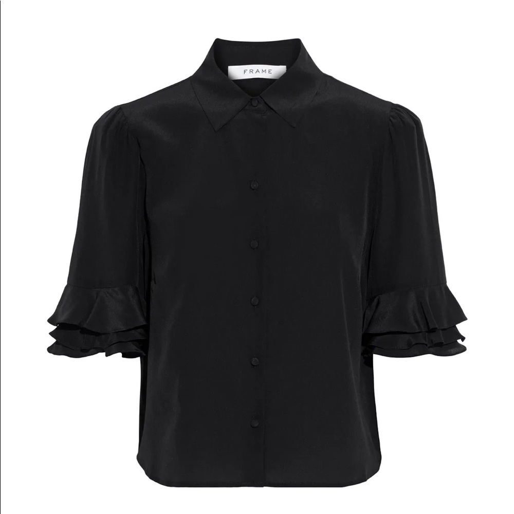 FRAME Cropped ruffle-trimmed washed-silk shirt